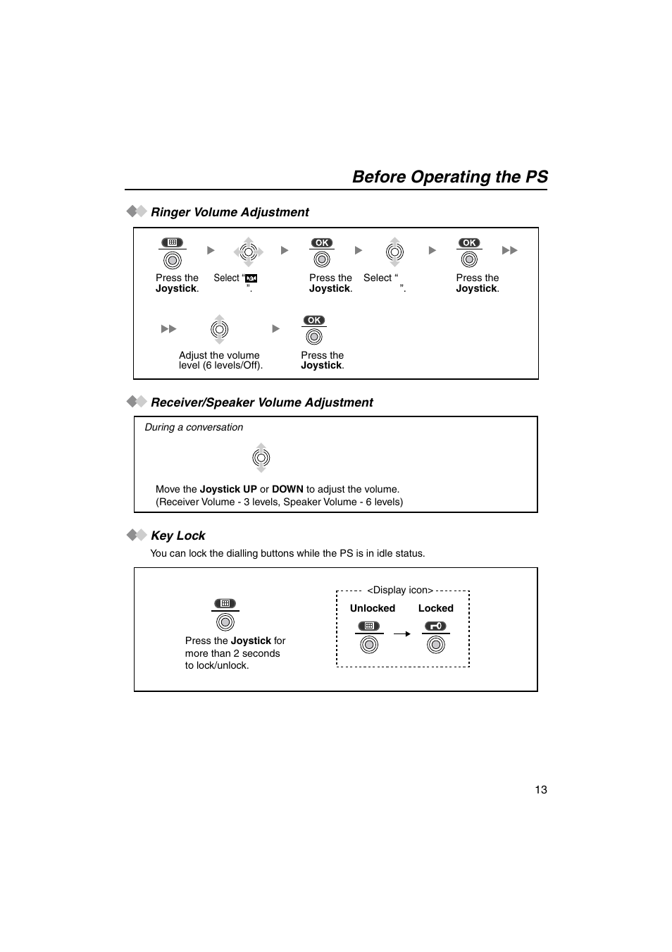 Ringer volume adjustment, Receiver/speaker volume adjustment, Key lock | Before operating the ps | Panasonic KX-TCA155 User Manual | Page 13 / 50