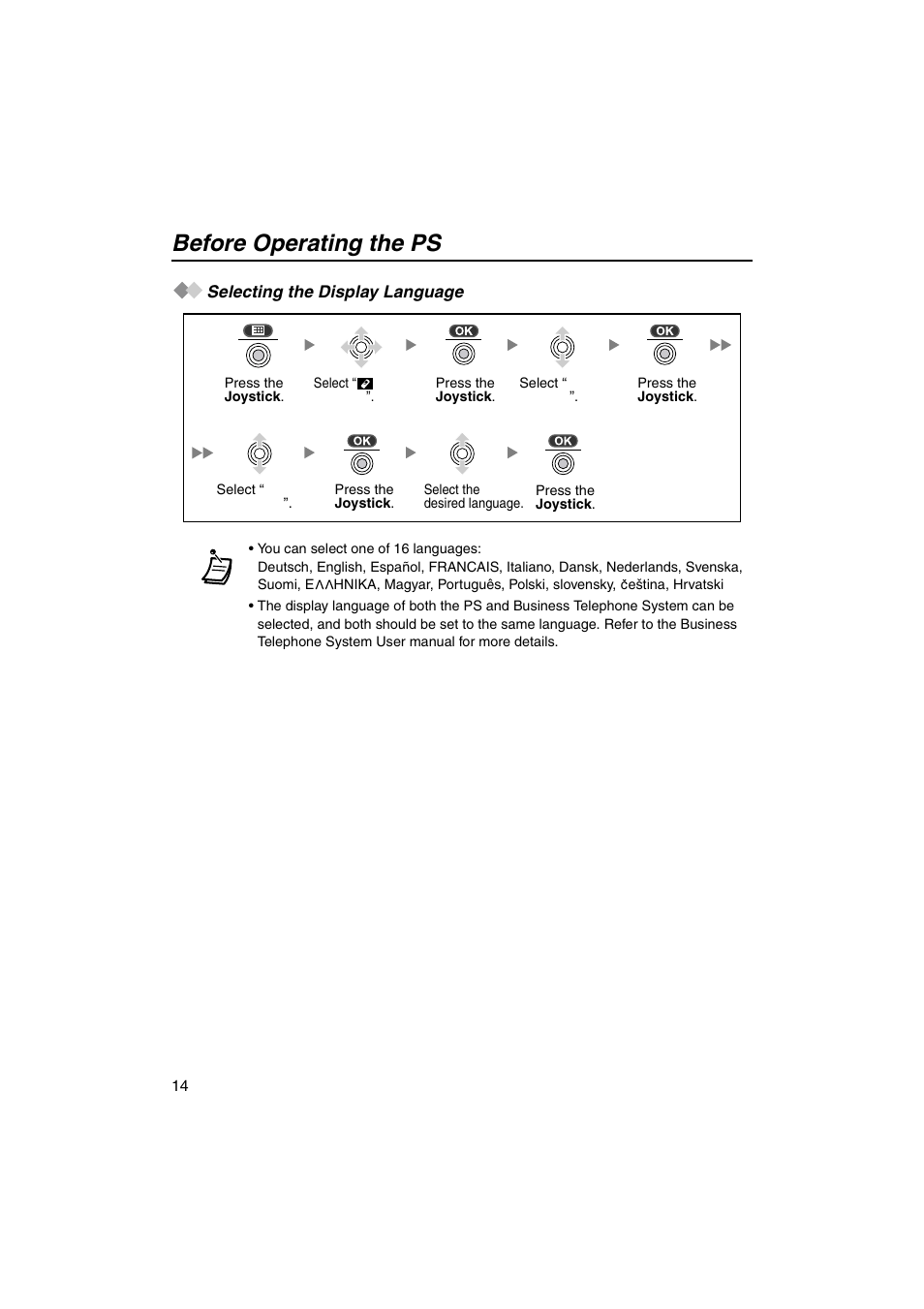 Selecting the display language, Before operating the ps | Panasonic KX-TCA155 User Manual | Page 14 / 50