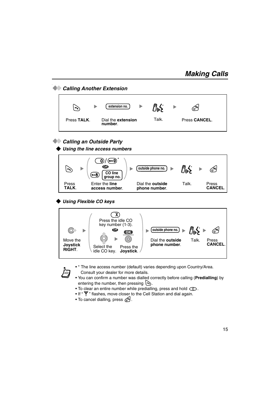 Making calls, Calling another extension, Calling an outside party | Using the line access numbers, Using flexible co keys, Calling another extension calling an outside party | Panasonic KX-TCA155 User Manual | Page 15 / 50