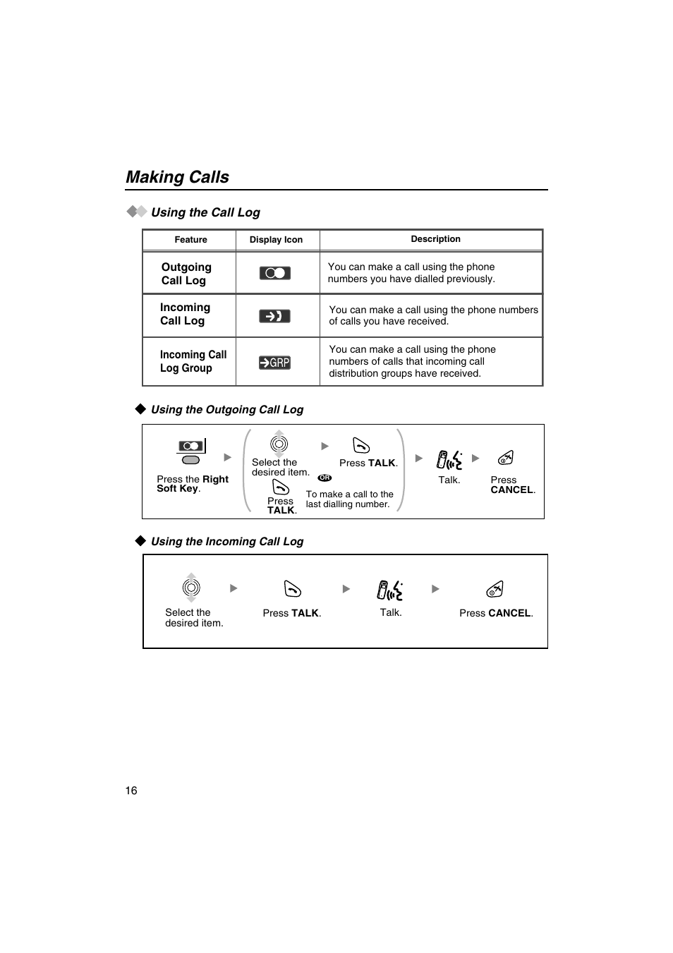 Using the call log, Using the outgoing call log, Using the incoming call log | Making calls | Panasonic KX-TCA155 User Manual | Page 16 / 50