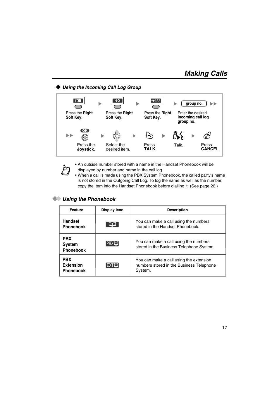 Using the incoming call log group, Using the phonebook, Making calls | Panasonic KX-TCA155 User Manual | Page 17 / 50