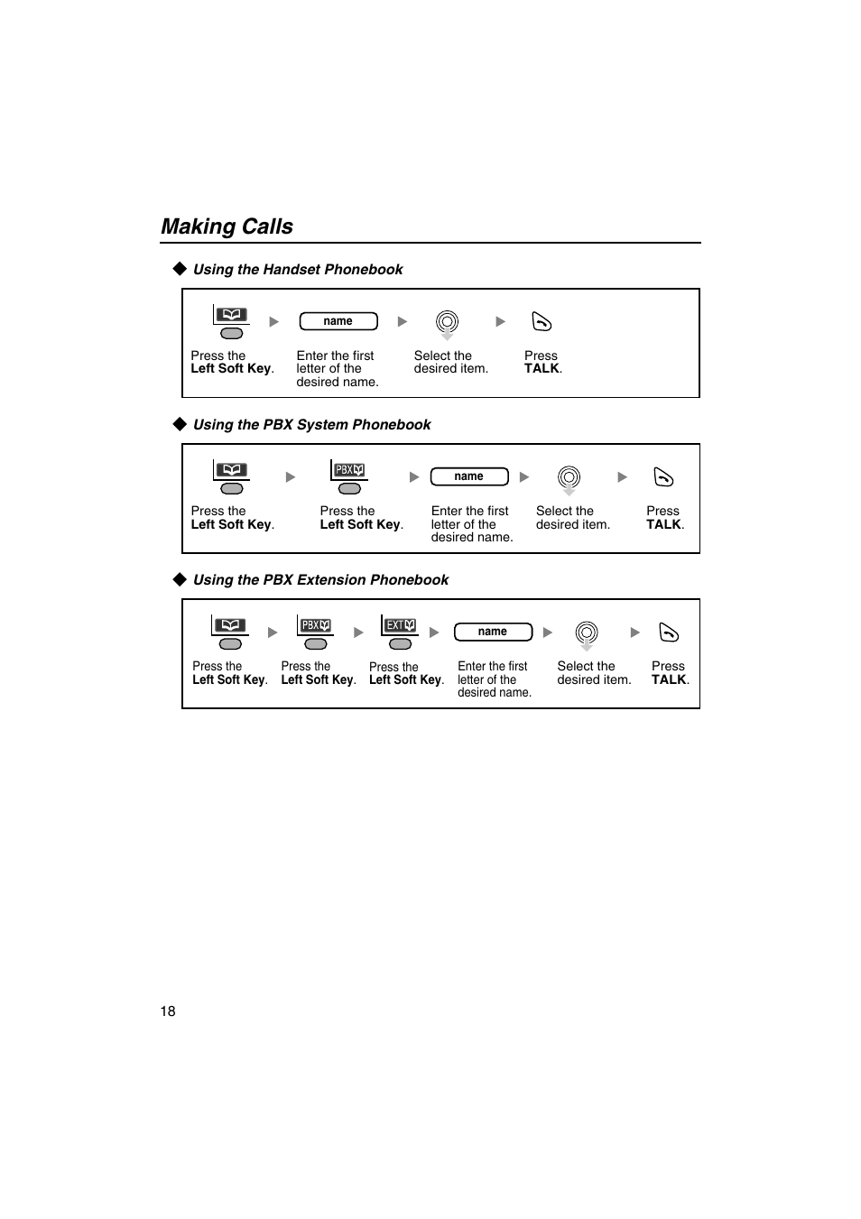 Using the handset phonebook, Using the pbx system phonebook, Using the pbx extension phonebook | Making calls | Panasonic KX-TCA155 User Manual | Page 18 / 50