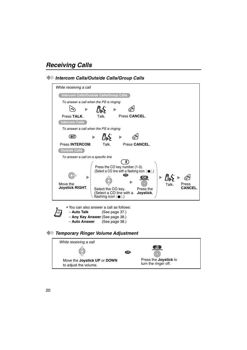 Receiving calls, Intercom calls/outside calls/group calls, Temporary ringer volume adjustment | Panasonic KX-TCA155 User Manual | Page 20 / 50