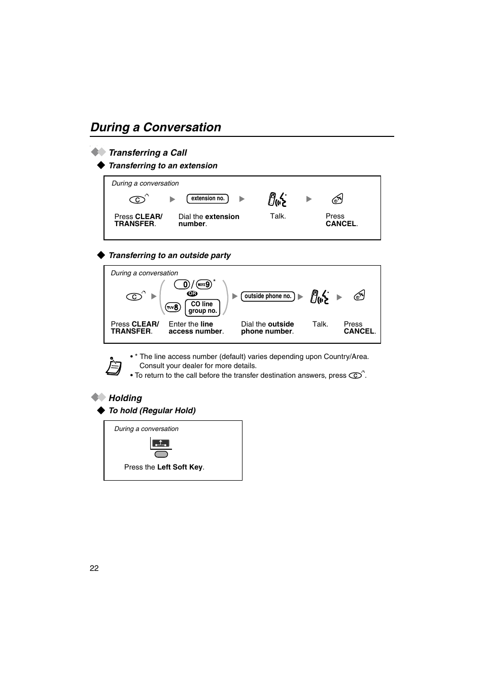 During a conversation, Transferring a call, Transferring to an extension | Transferring to an outside party, Holding, To hold (regular hold), Transferring a call holding | Panasonic KX-TCA155 User Manual | Page 22 / 50