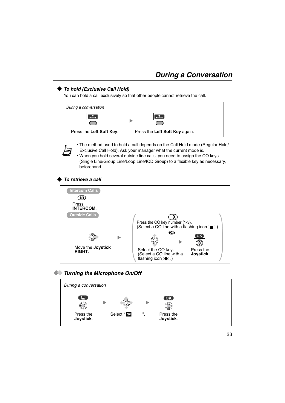 To hold (exclusive call hold), To retrieve a call, Turning the microphone on/off | During a conversation | Panasonic KX-TCA155 User Manual | Page 23 / 50