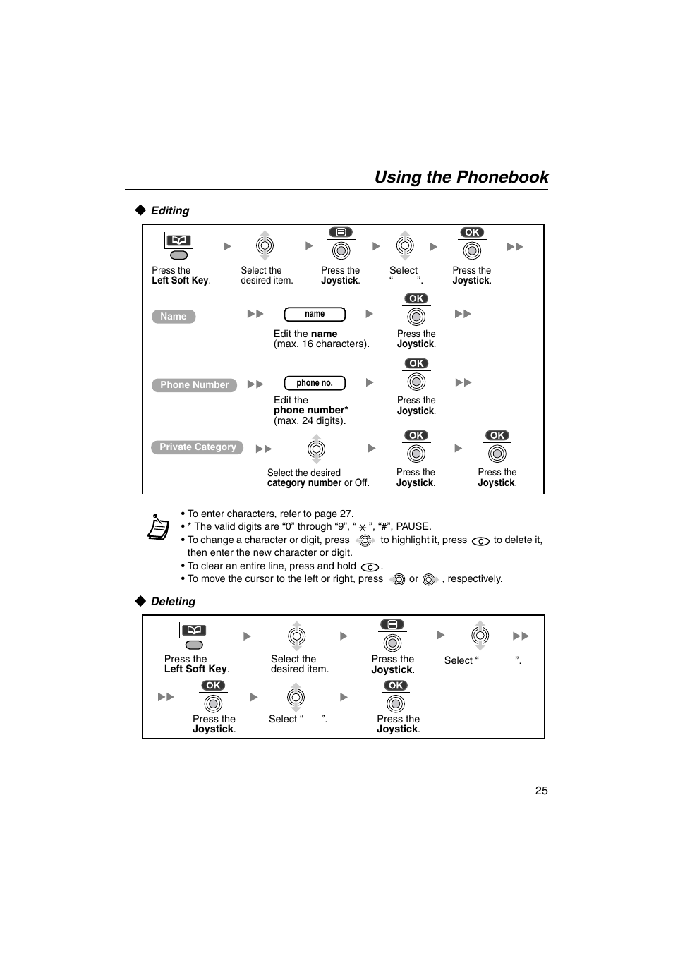 Editing, Deleting, Using the phonebook | Panasonic KX-TCA155 User Manual | Page 25 / 50