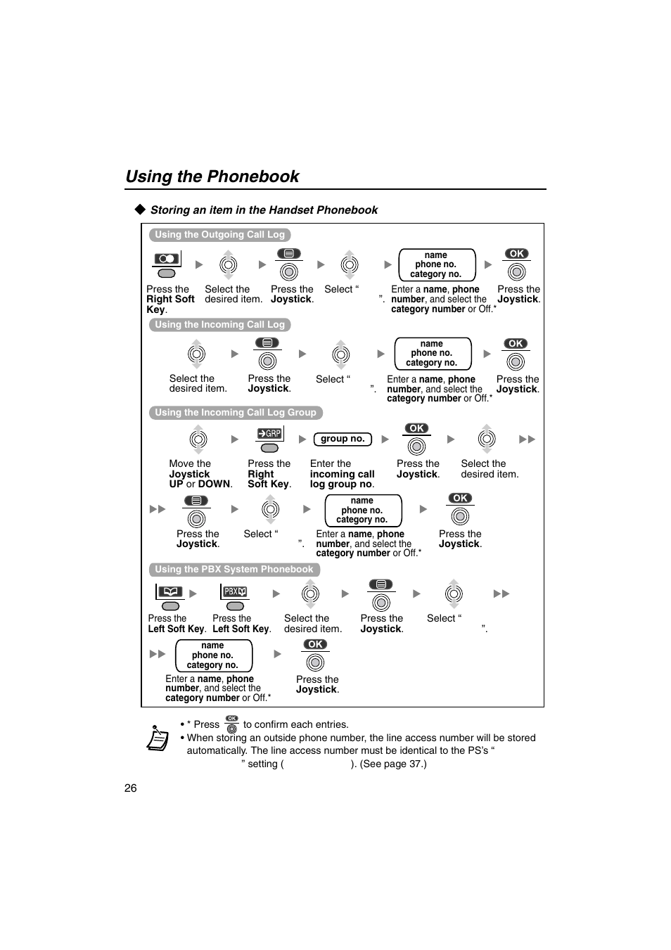 Storing an item in the handset phonebook, Using the phonebook | Panasonic KX-TCA155 User Manual | Page 26 / 50