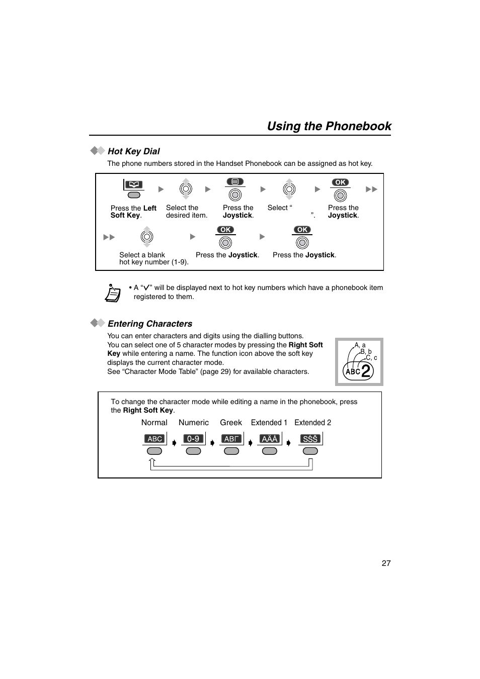 Hot key dial, Entering characters, Hot key dial entering characters | Using the phonebook | Panasonic KX-TCA155 User Manual | Page 27 / 50