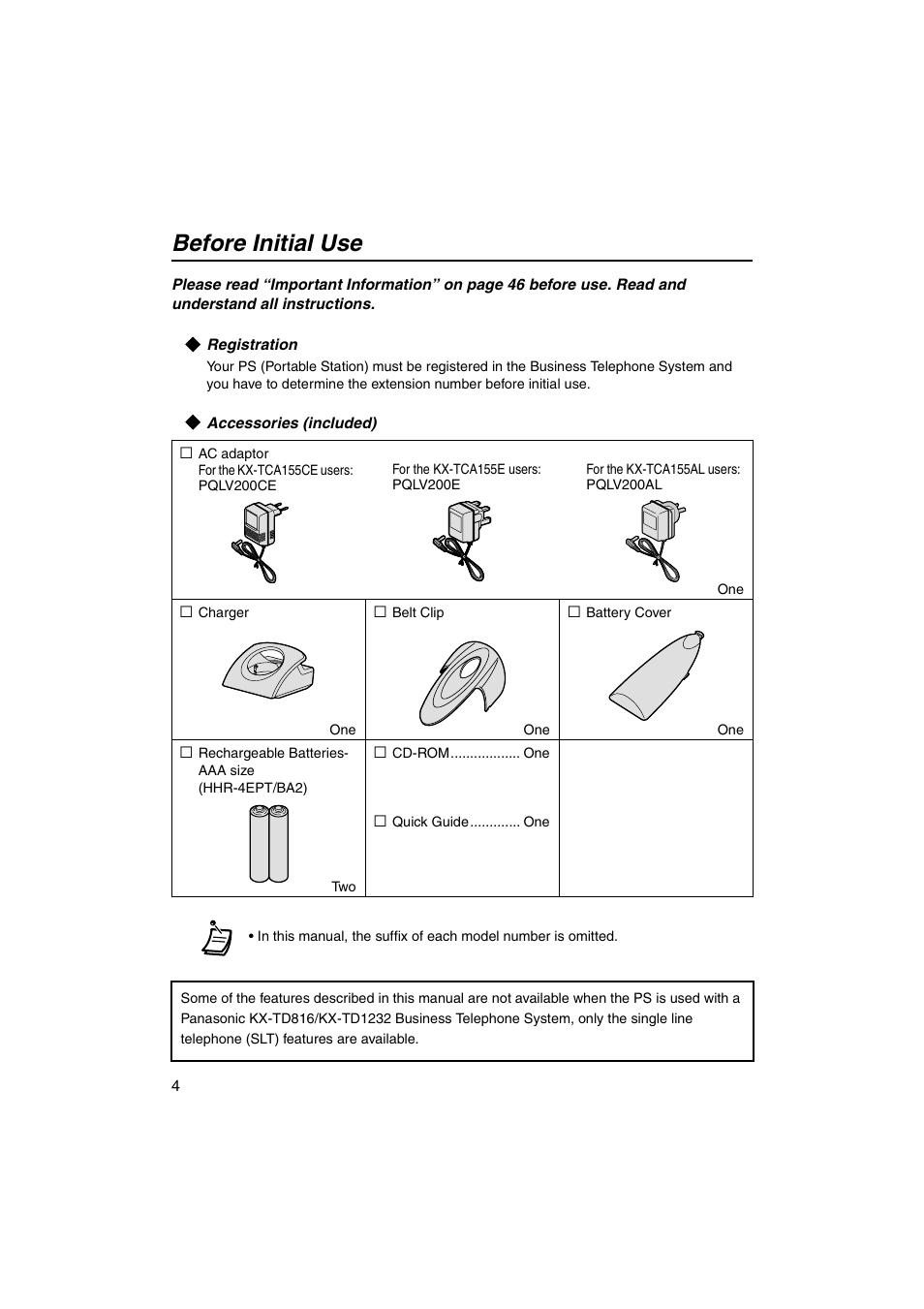 Before initial use, Registration, Accessories (included) | Panasonic KX-TCA155 User Manual | Page 4 / 50