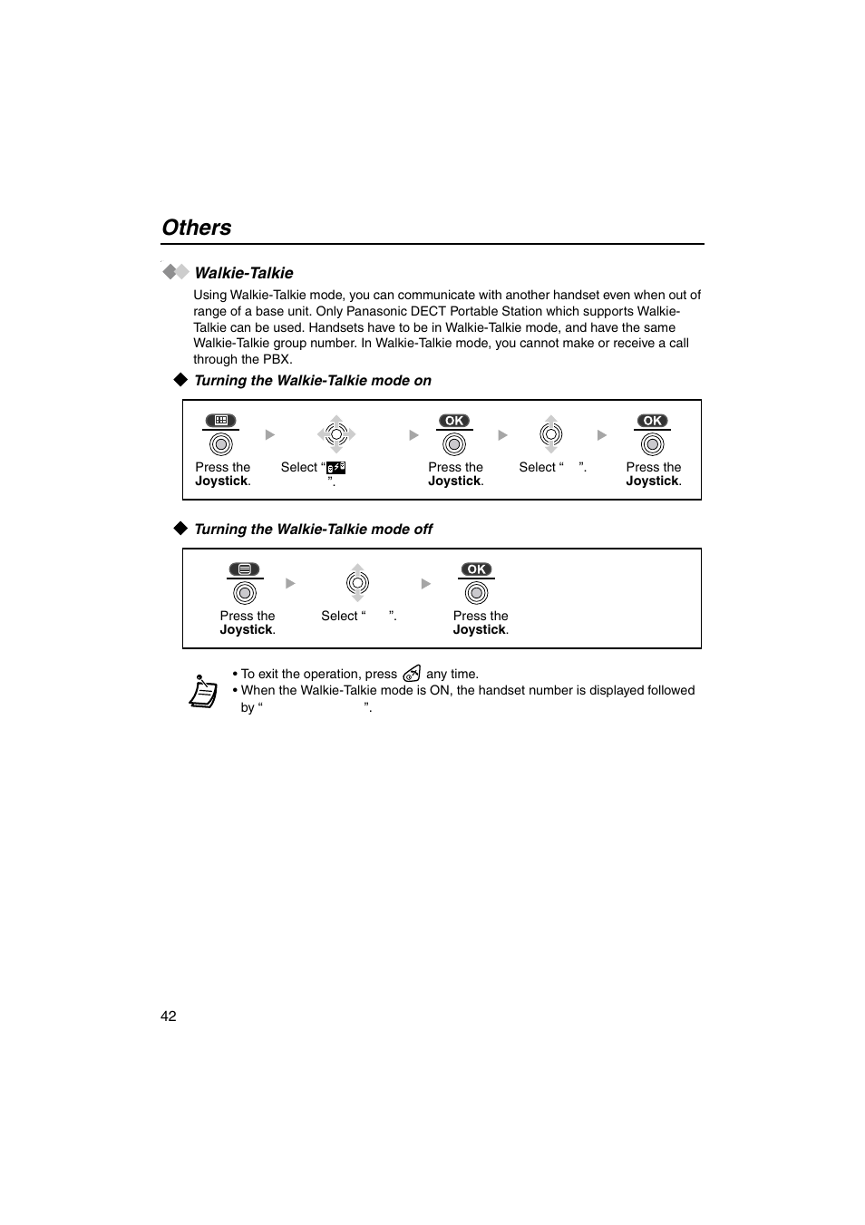 Others, Walkie-talkie, Turning the walkie-talkie mode on | Turning the walkie-talkie mode off | Panasonic KX-TCA155 User Manual | Page 42 / 50