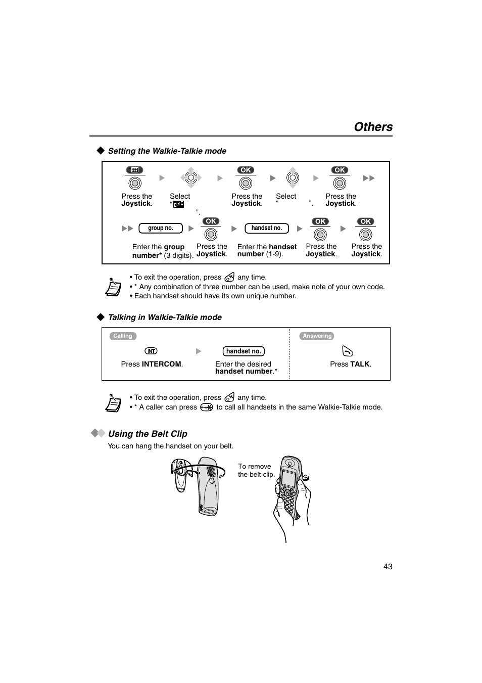 Setting the walkie-talkie mode, Talking in walkie-talkie mode, Using the belt clip | Others | Panasonic KX-TCA155 User Manual | Page 43 / 50