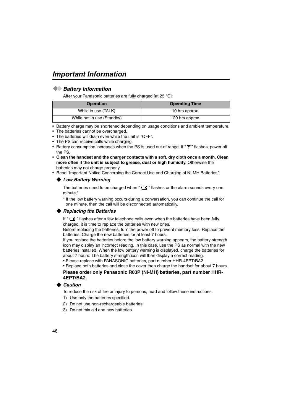 Important information, Battery information, Low battery warning | Replacing the batteries, Caution | Panasonic KX-TCA155 User Manual | Page 46 / 50