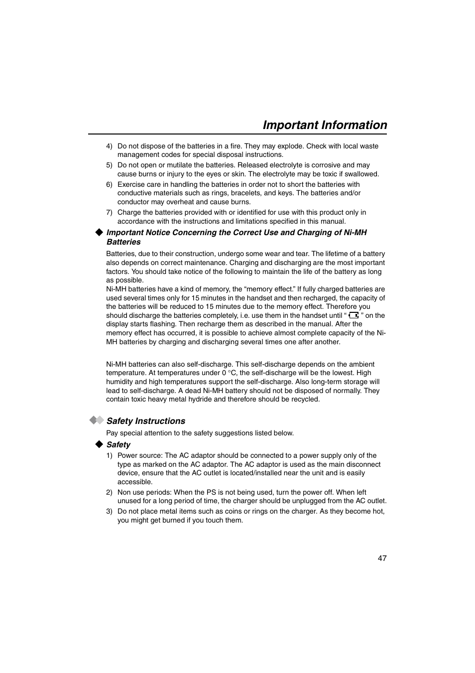 Safety instructions, Safety, Important information | Panasonic KX-TCA155 User Manual | Page 47 / 50