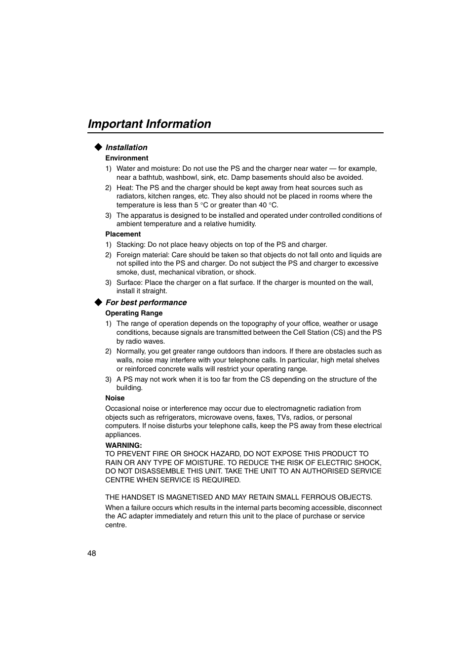 Installation, For best performance, Important information | Panasonic KX-TCA155 User Manual | Page 48 / 50