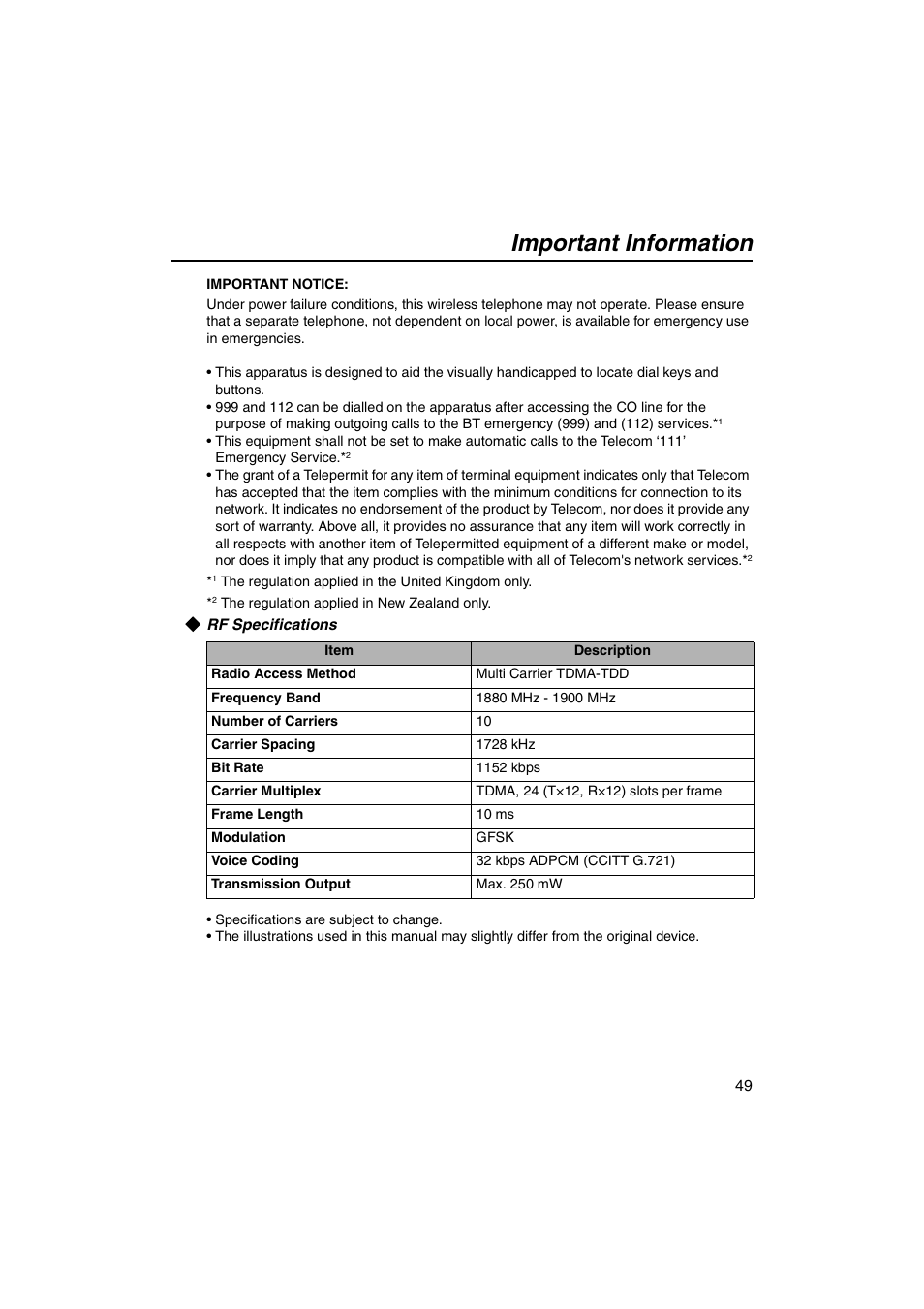 Rf specifications, Important information | Panasonic KX-TCA155 User Manual | Page 49 / 50