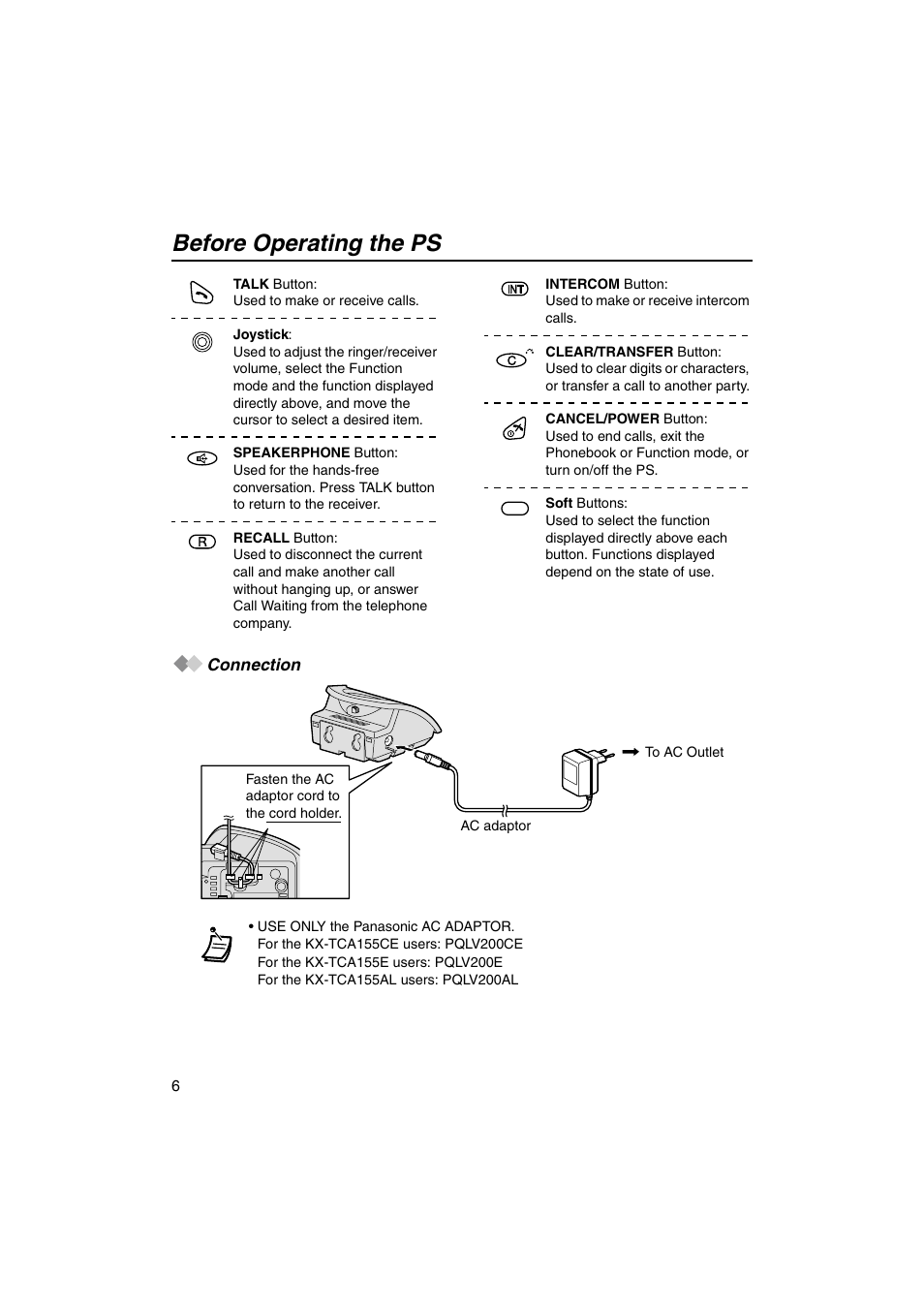 Connection, Before operating the ps | Panasonic KX-TCA155 User Manual | Page 6 / 50
