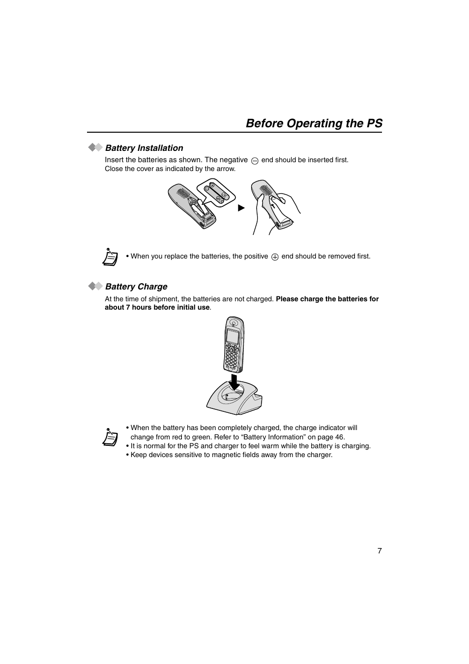 Battery installation, Battery charge, Battery installation battery charge | Before operating the ps | Panasonic KX-TCA155 User Manual | Page 7 / 50