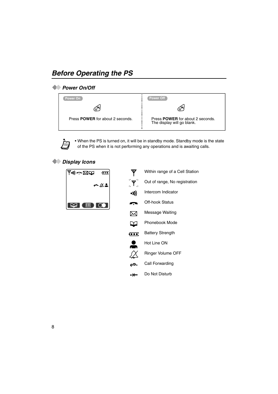 Power on/off, Display icons, Power on/off display icons | Jul 10:08, Before operating the ps | Panasonic KX-TCA155 User Manual | Page 8 / 50