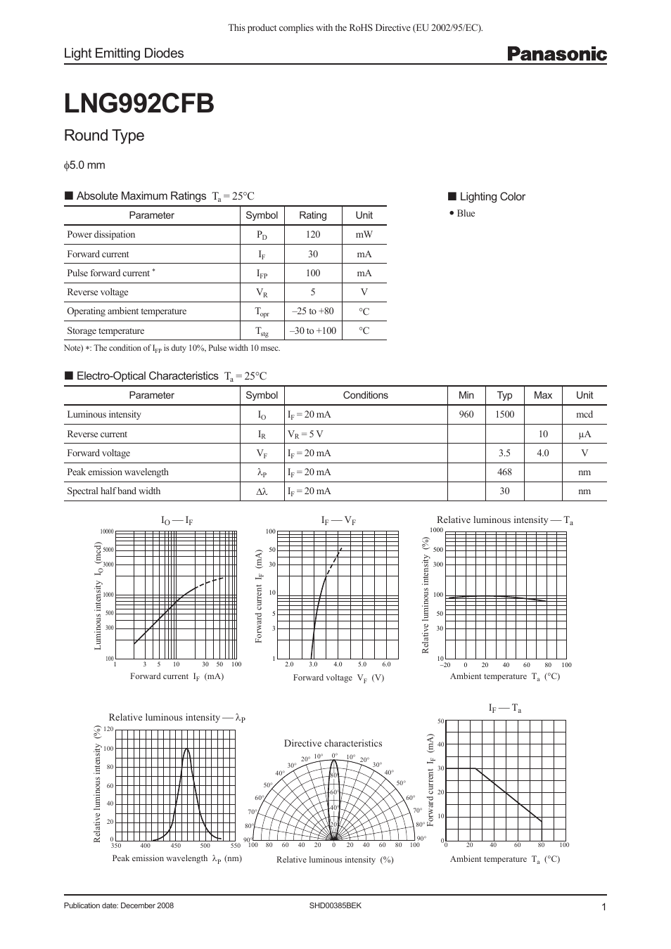 Panasonic Light Emitting Diodes SHD00385BEK User Manual | 3 pages