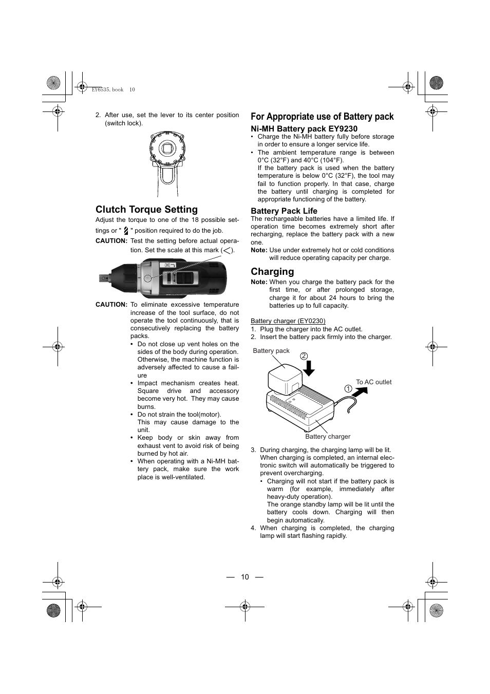 Clutch torque setting, For appropriate use of battery pack, Charging | Panasonic EY6535 User Manual | Page 10 / 16