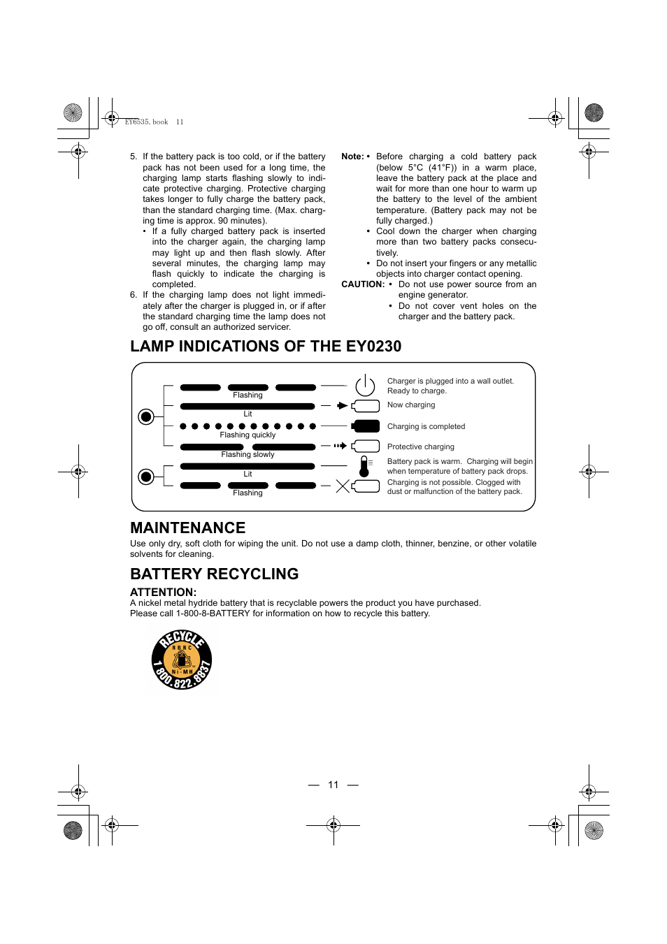 Lamp indications of the ey0230 maintenance, Battery recycling | Panasonic EY6535 User Manual | Page 11 / 16