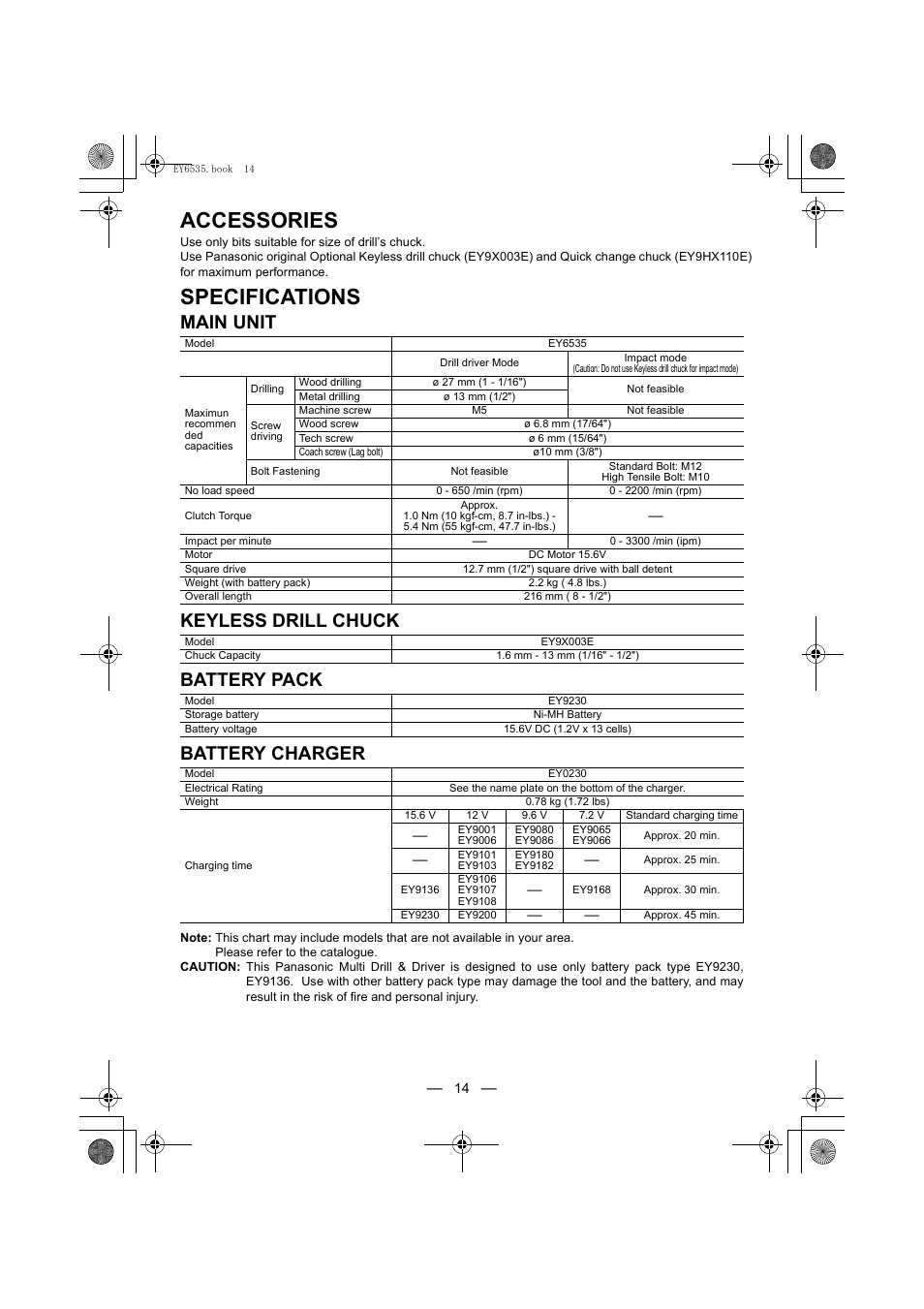 Accessories, Specifications | Panasonic EY6535 User Manual | Page 14 / 16