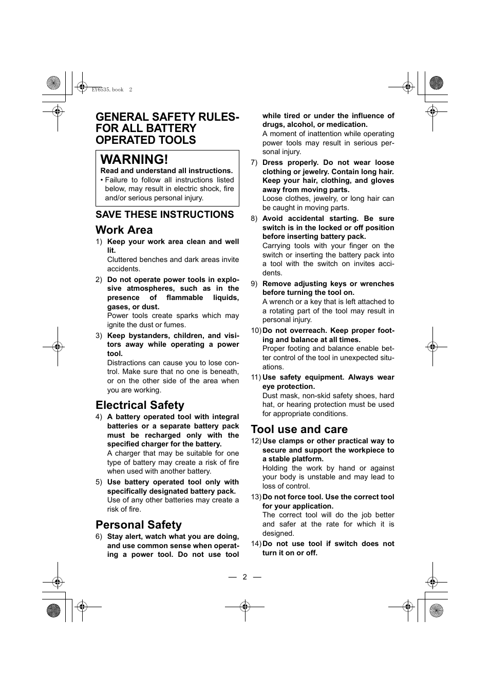 Warning, Work area, Electrical safety | Personal safety, Tool use and care | Panasonic EY6535 User Manual | Page 2 / 16