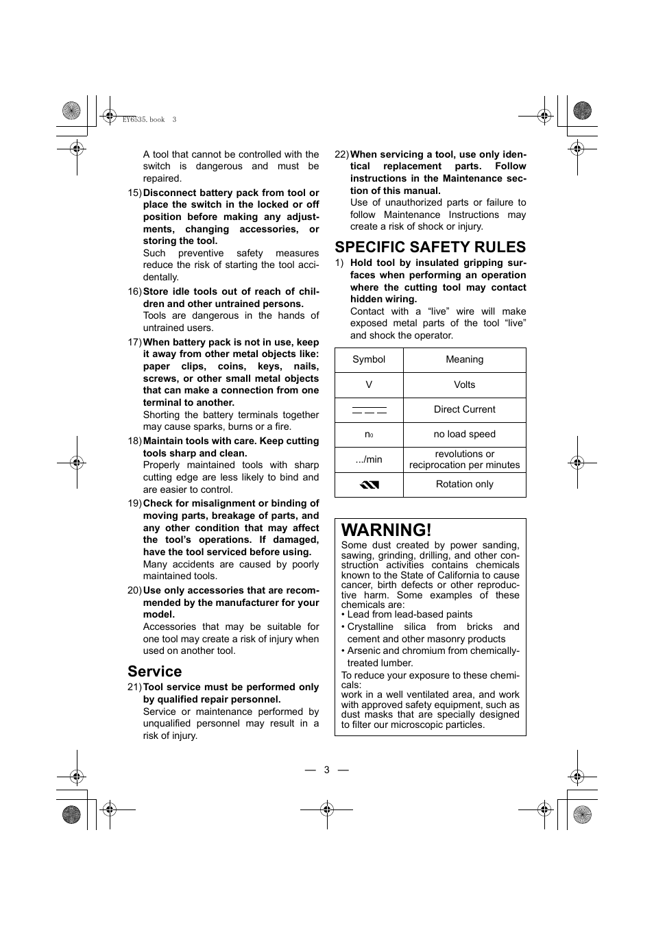 Warning, Service, Specific safety rules | Panasonic EY6535 User Manual | Page 3 / 16