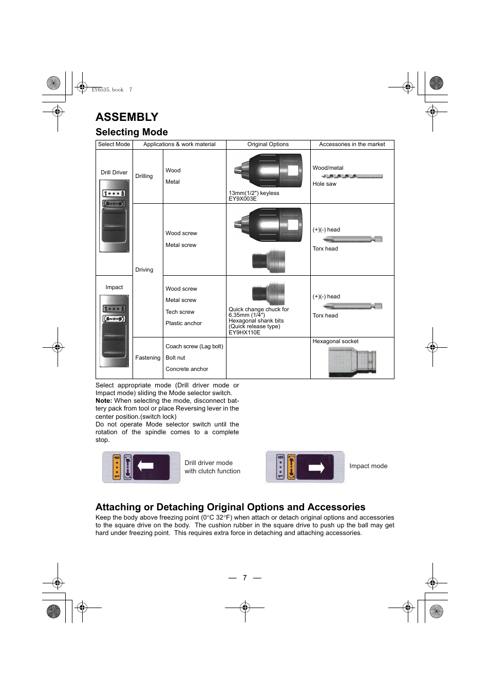 Assembly, Selecting mode | Panasonic EY6535 User Manual | Page 7 / 16