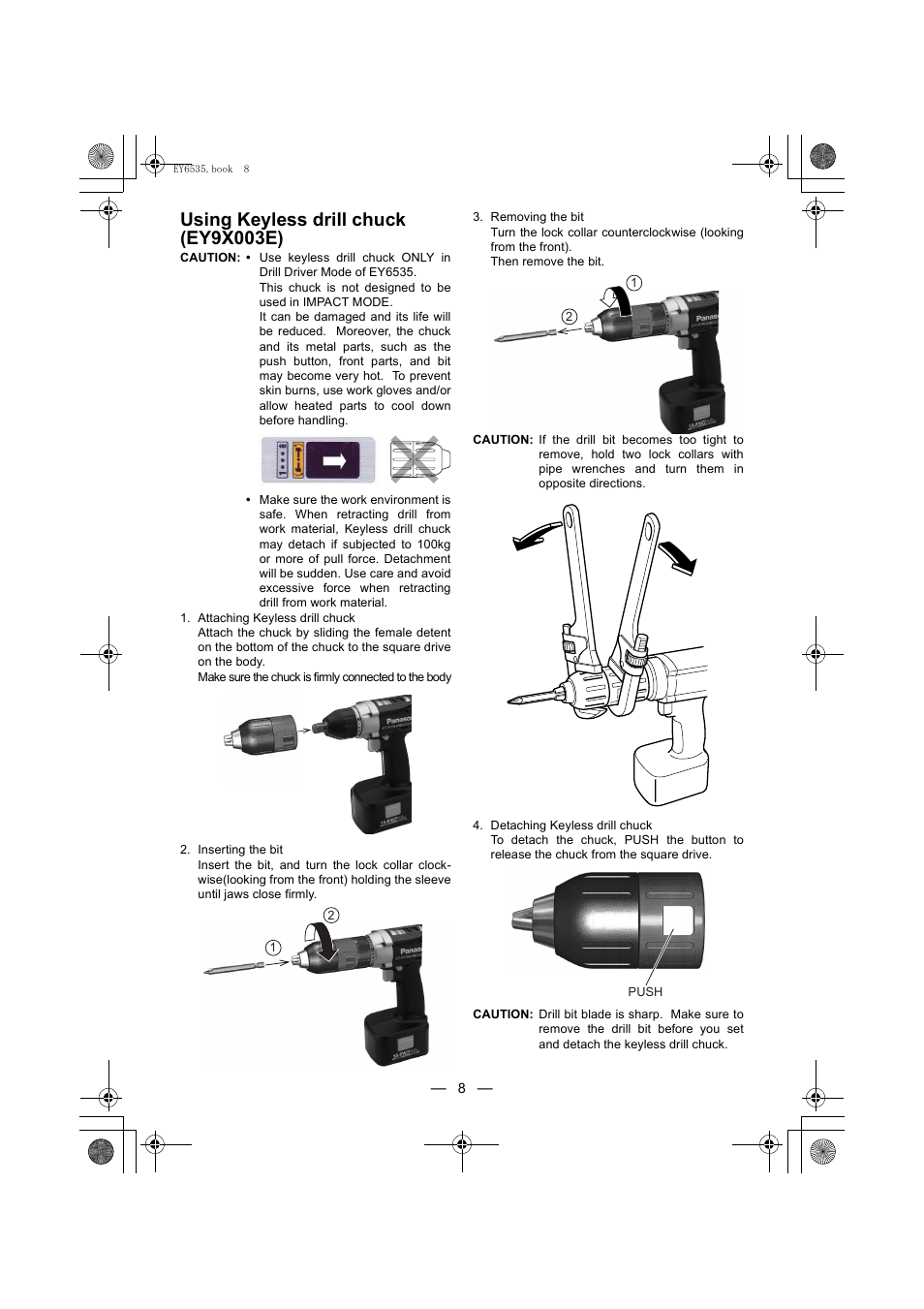 Using keyless drill chuck (ey9x003e) | Panasonic EY6535 User Manual | Page 8 / 16