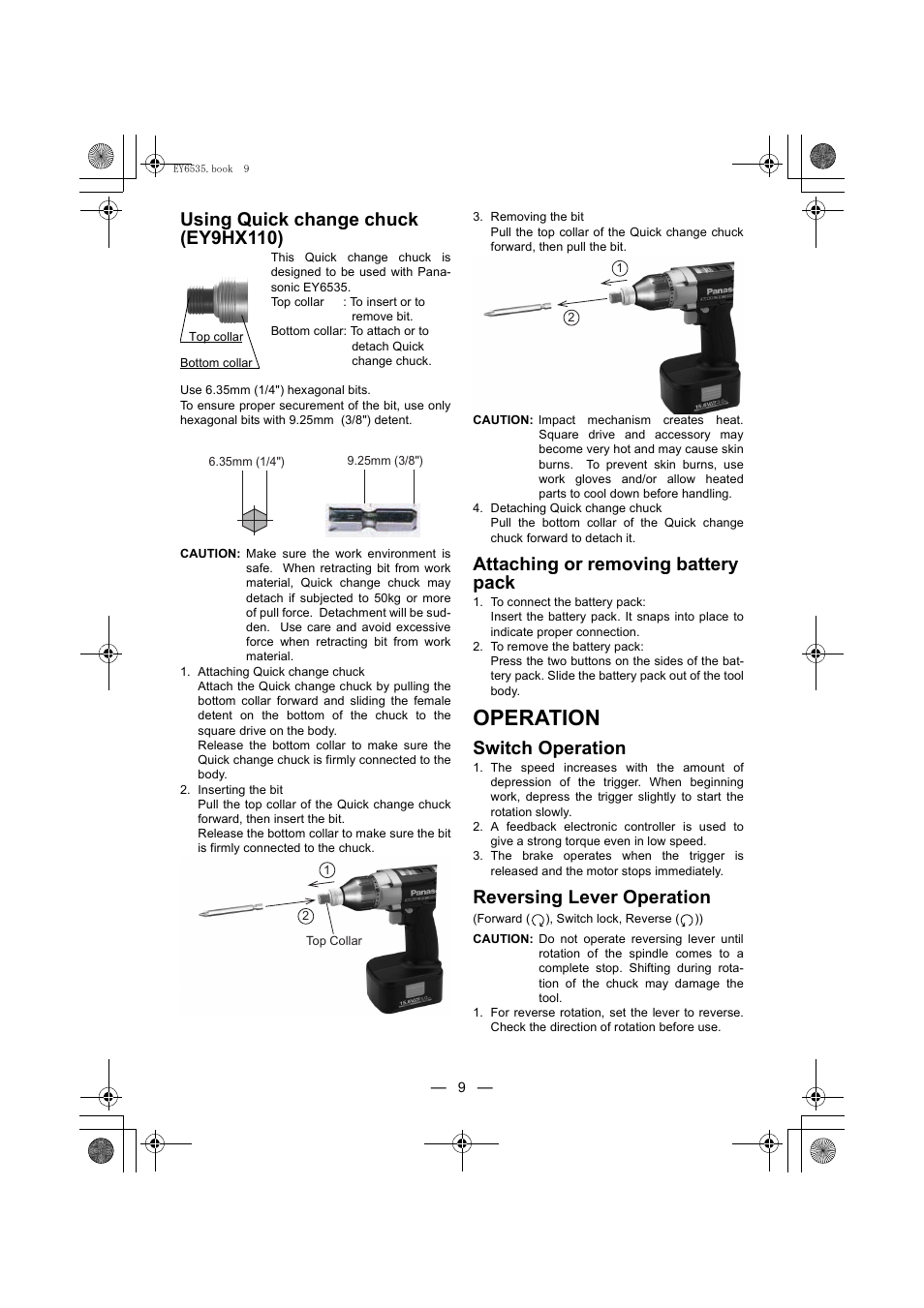 Operation, Using quick change chuck (ey9hx110), Attaching or removing battery pack | Switch operation, Reversing lever operation | Panasonic EY6535 User Manual | Page 9 / 16