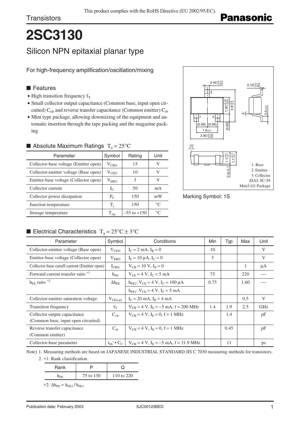 Panasonic 2SC3130 User Manual | 3 pages