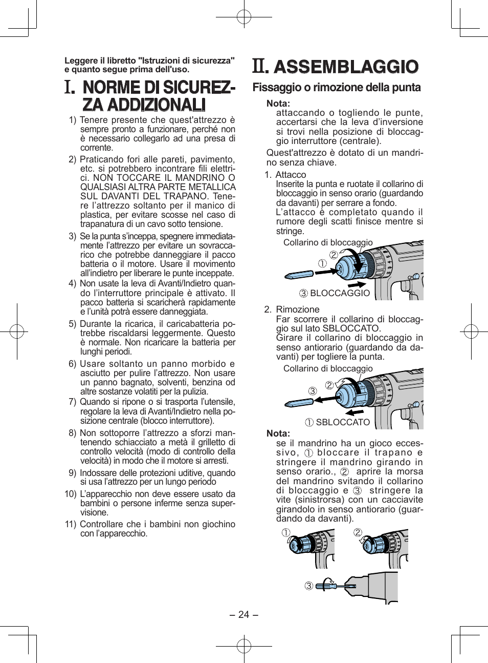 Norme di sicurez- za addizionali, Assemblaggio, Fissaggio o rimozione della punta | Panasonic EY6903 User Manual | Page 24 / 68