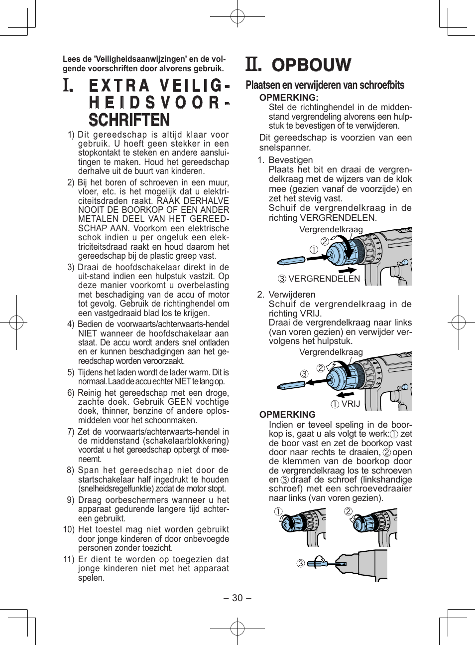 Opbouw, Plaatsen en verwijderen van schroefbits | Panasonic EY6903 User Manual | Page 30 / 68