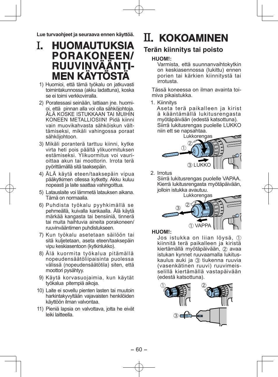 Kokoaminen, Terän kiinnitys tai poisto | Panasonic EY6903 User Manual | Page 60 / 68