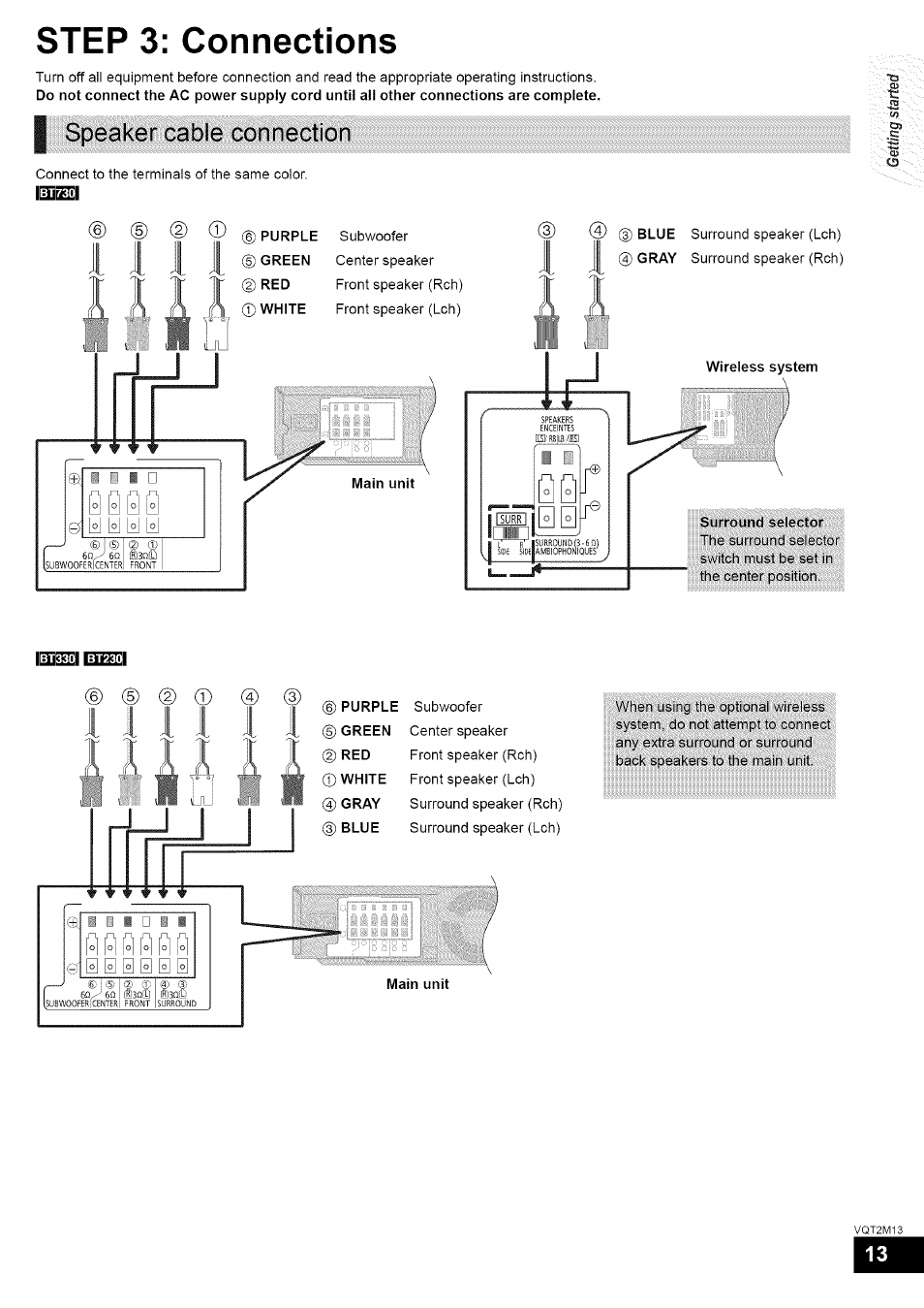 I speaker cable connection, Ilisei, 3hei | Speaker cable connection, A i i, Step 3: connections, R©=u i | Panasonic SC-BT730 User Manual | Page 13 / 52