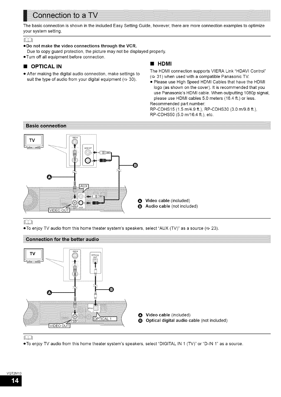 I connection to a tv, Hdmi, Connection to a tv | I optical in | Panasonic SC-BT730 User Manual | Page 14 / 52
