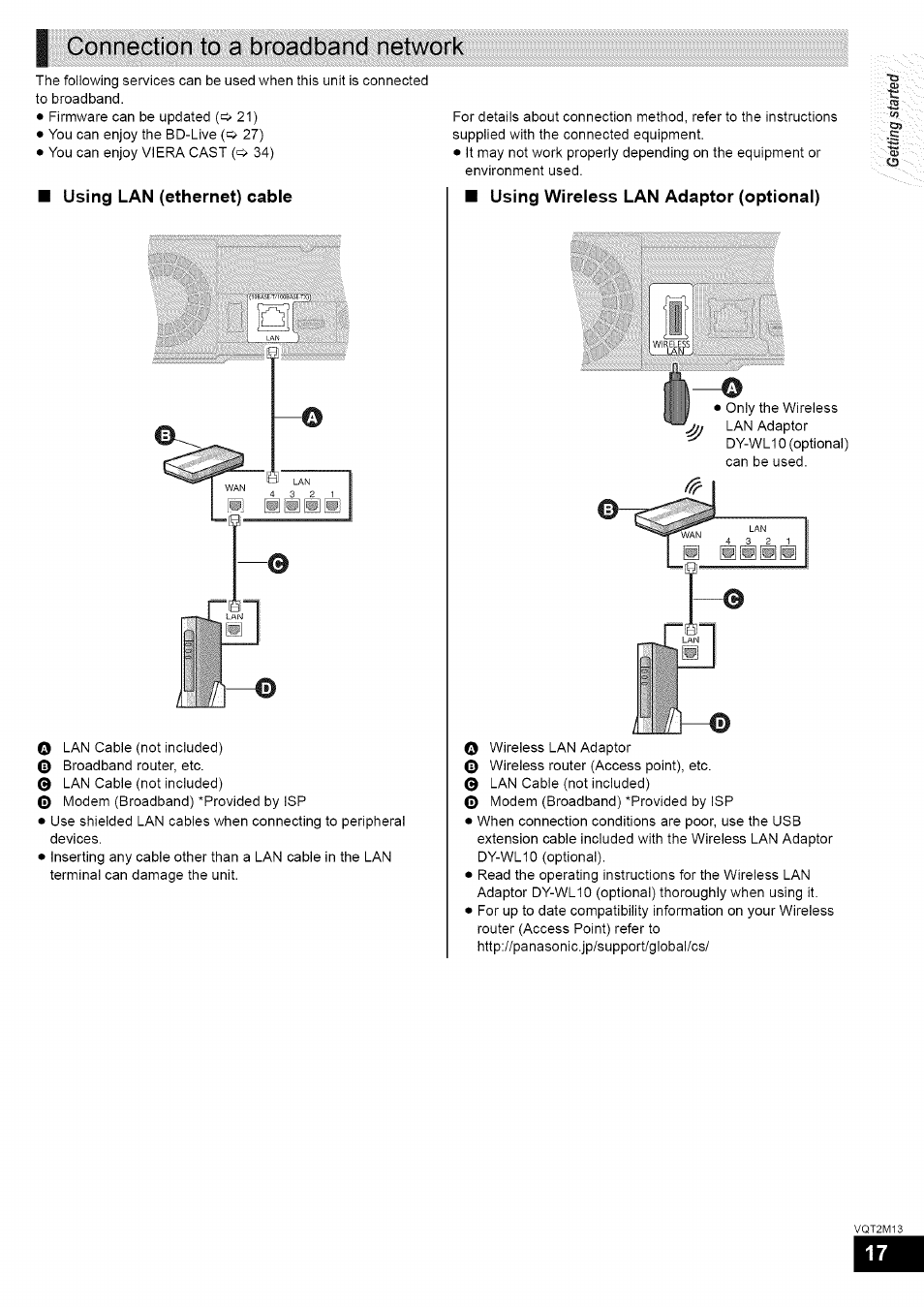 I connection to a broadband network, Using lan (ethernet) cable, Using wireless lan adaptor (optional) | Connection to a broadband network | Panasonic SC-BT730 User Manual | Page 17 / 52