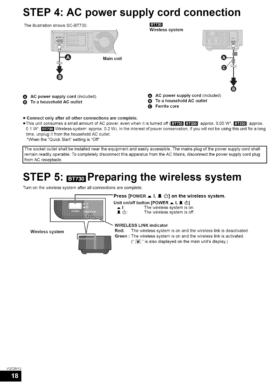 Step 4; ас power supply cord connection, Step 5; rtaaipreparing the wireless system | Panasonic SC-BT730 User Manual | Page 18 / 52