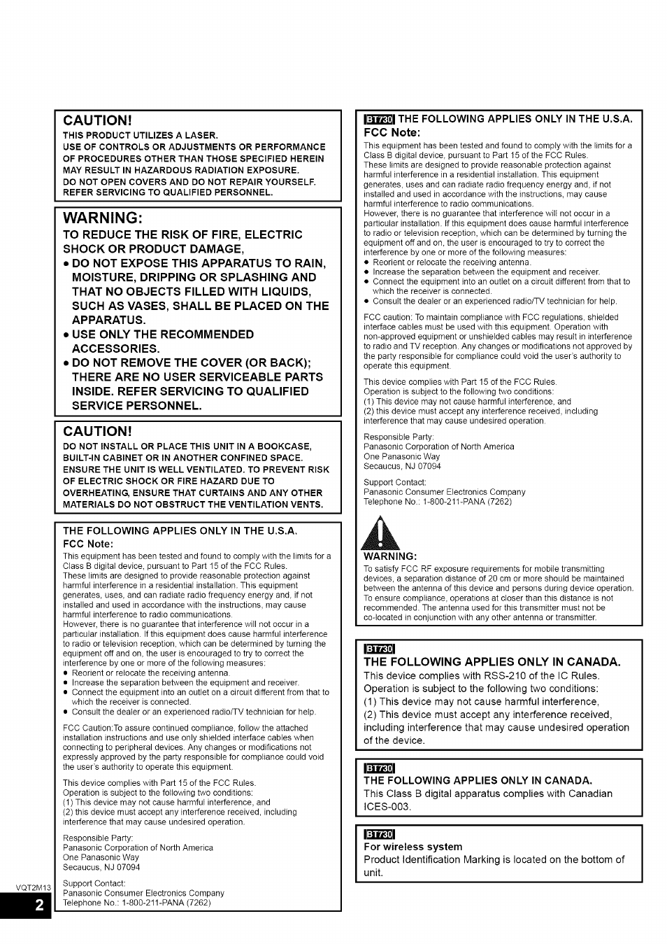 Caution, Warning | Panasonic SC-BT730 User Manual | Page 2 / 52