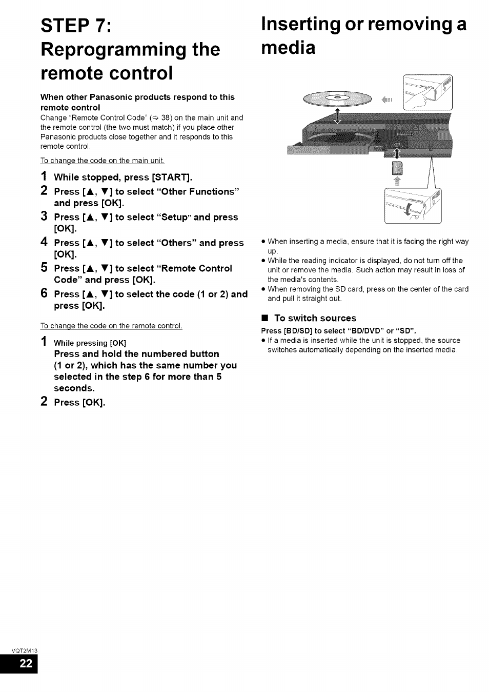 Step 7: reprogramming the remote control, Inserting or removing a media | Panasonic SC-BT730 User Manual | Page 22 / 52