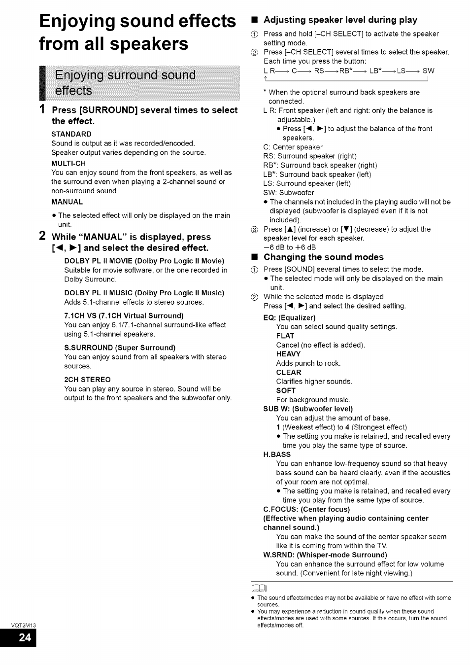 Adjusting speaker level during play, Changing the sound modes, Enjoying sound effects from all speakers | Enjoying surround sound effects | Panasonic SC-BT730 User Manual | Page 24 / 52