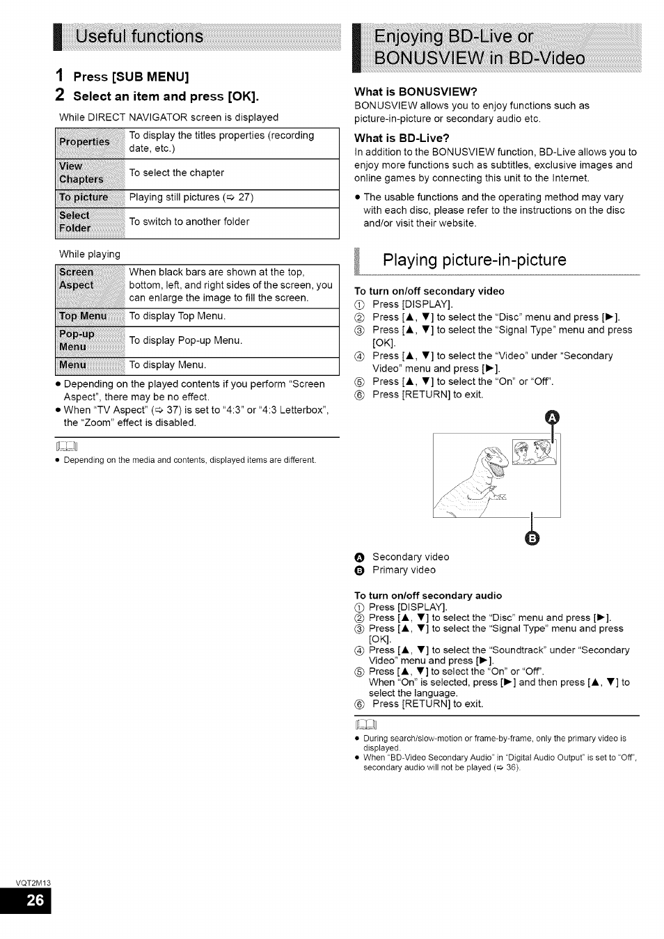 Useful functions, 1 press [sub menu, 2 select an item and press [ok | Enjoying bd-live or bonusviewin bd-video, Playing picture-in-picture, Press [sub menu, Select an item and press [ok | Panasonic SC-BT730 User Manual | Page 26 / 52