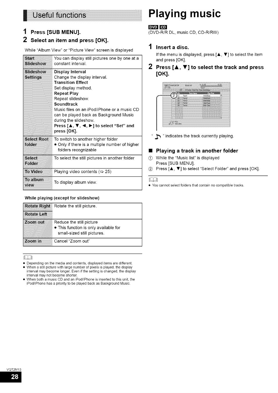 Useful functions, 1 press [sub menu, 2 select an item and press [ok | 1 insert a disc, 2 press [a,t] to select the track and press [ok, Playing a track in another folder, Playing music | Panasonic SC-BT730 User Manual | Page 28 / 52