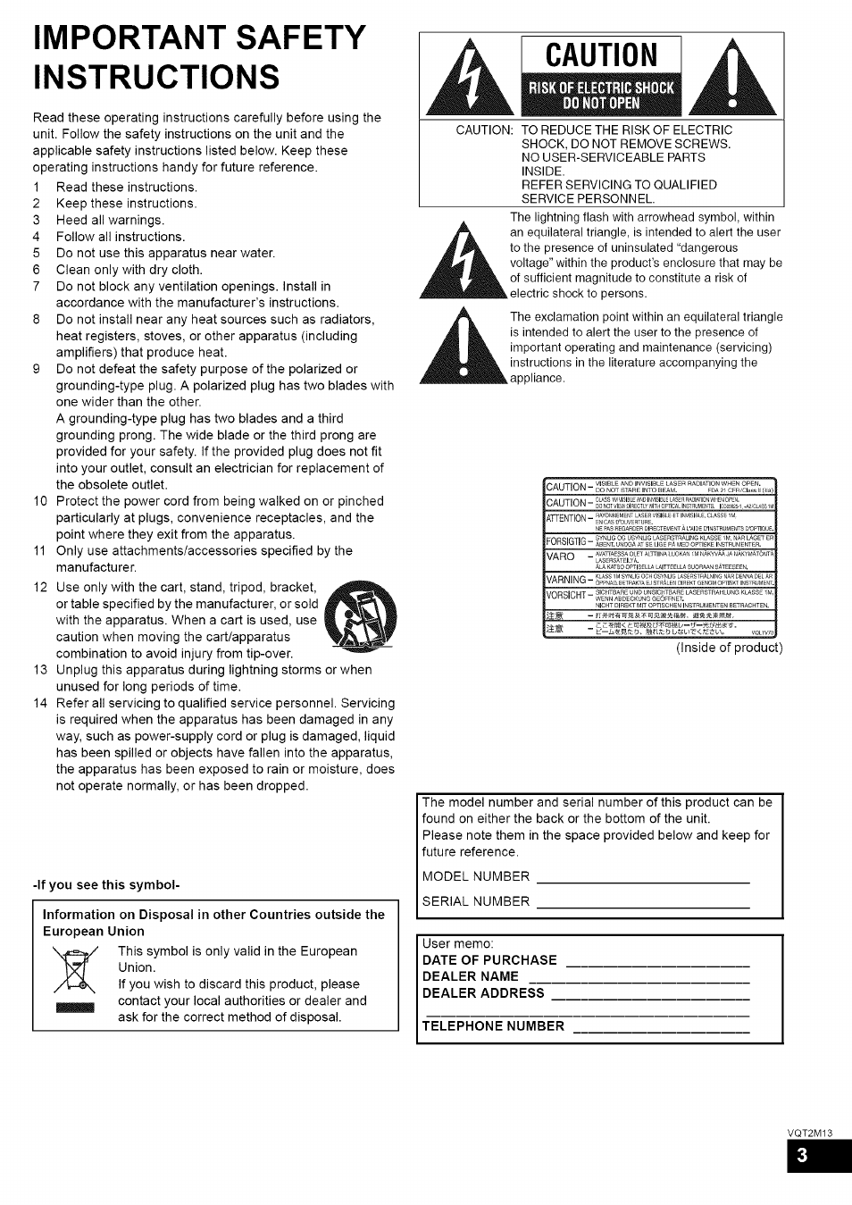 Important safety instructions, Caution | Panasonic SC-BT730 User Manual | Page 3 / 52