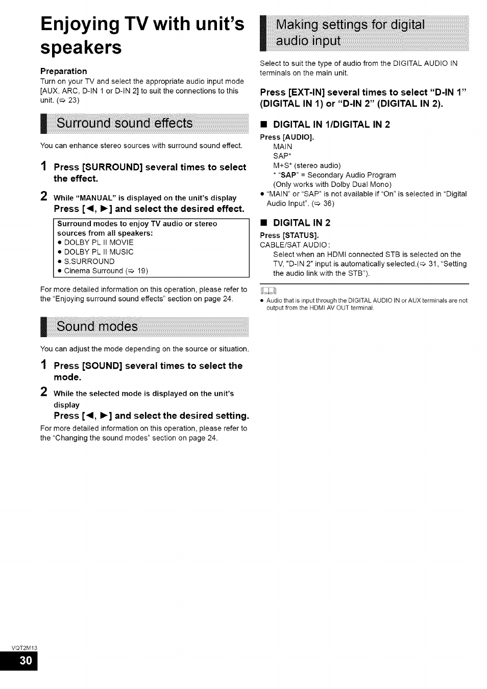 I surround sound effects, Making settings for digital audio input, I sound modes | 1 press [sound] several times to select the mode, Press and select the desired setting, Digital in 1/digital in 2, Digital in 2, Enjoying surround sound effects, Enjoying tv with unit’s speakers, Surround sound effects 1 | Panasonic SC-BT730 User Manual | Page 30 / 52