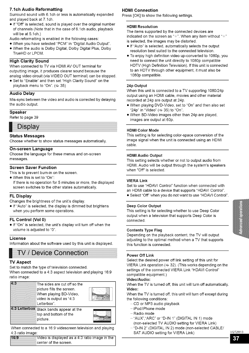 Display, I tv / device connection | Panasonic SC-BT730 User Manual | Page 37 / 52