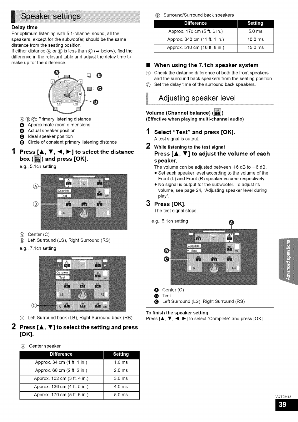 Speaker settings, When using the 7.1 ch speaker system, 1 select “test” and press [ok | Press [a,t ] to adjust the volume of each speaker, 3 press [ok, 2 press [a,t] to select the setting and press [ok, Adjusting speaker level, Delay time, Select “test” and press [ok, Press [ok | Panasonic SC-BT730 User Manual | Page 39 / 52