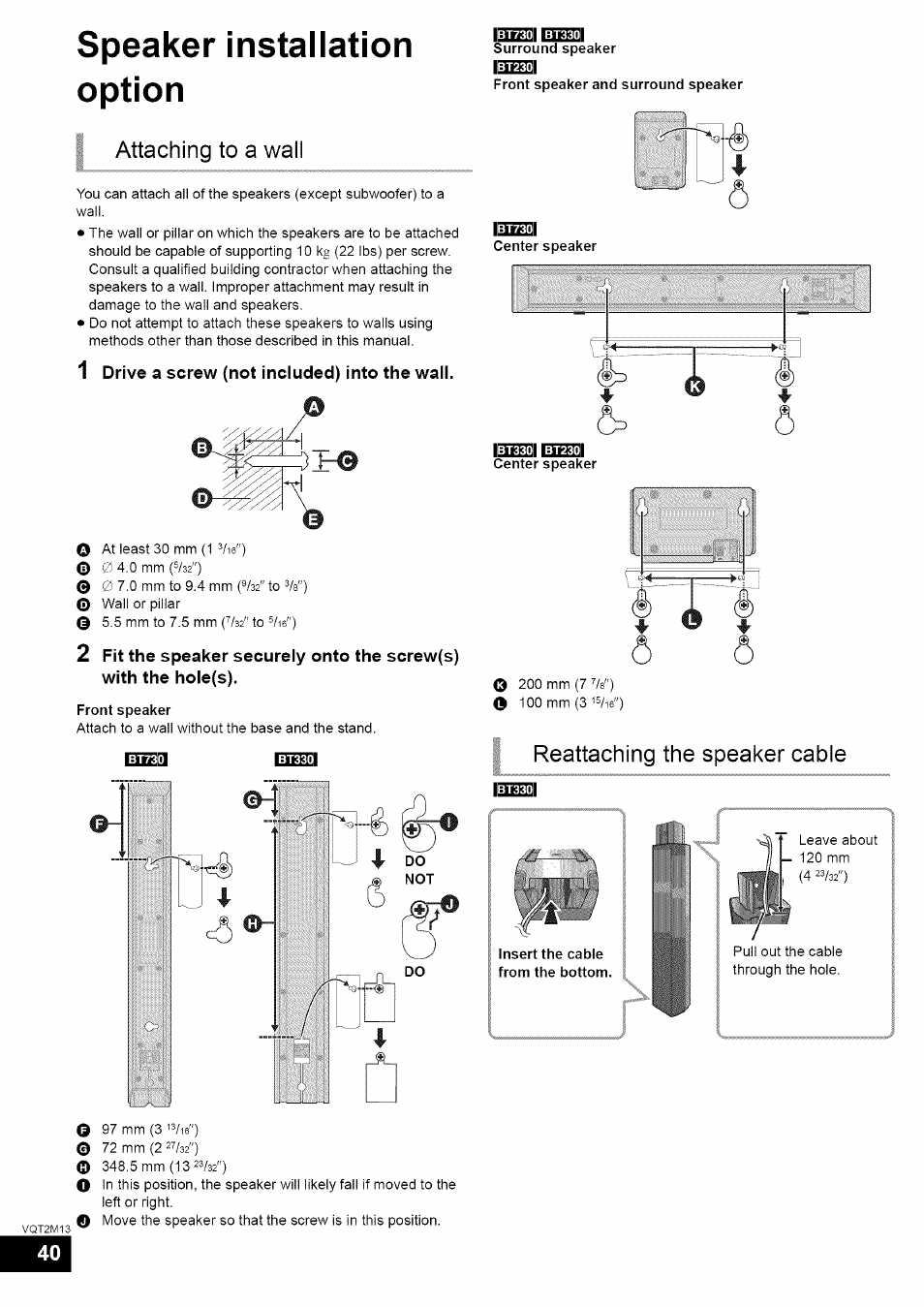 1 drive a screw (not included) into the wall, Speaker installation option, Attaching to a wall | Reattaching the speaker cable | Panasonic SC-BT730 User Manual | Page 40 / 52