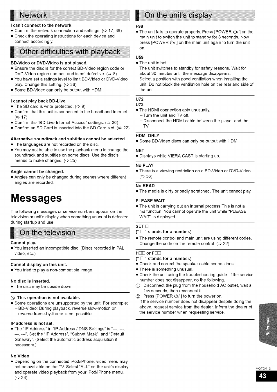 I other difficulties with playback, I on the unit's display, I on the television | Messages, Network | Panasonic SC-BT730 User Manual | Page 43 / 52